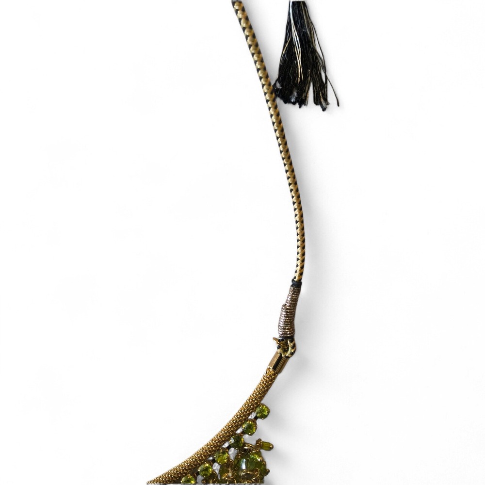 Green Beaded Bib Necklace Gold Tone Statement Necklace Boho Fringe Tassel - Picture 7 of 10